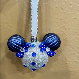 Minnie Mouse Silver Glitter and Blue and Christmas Ornament